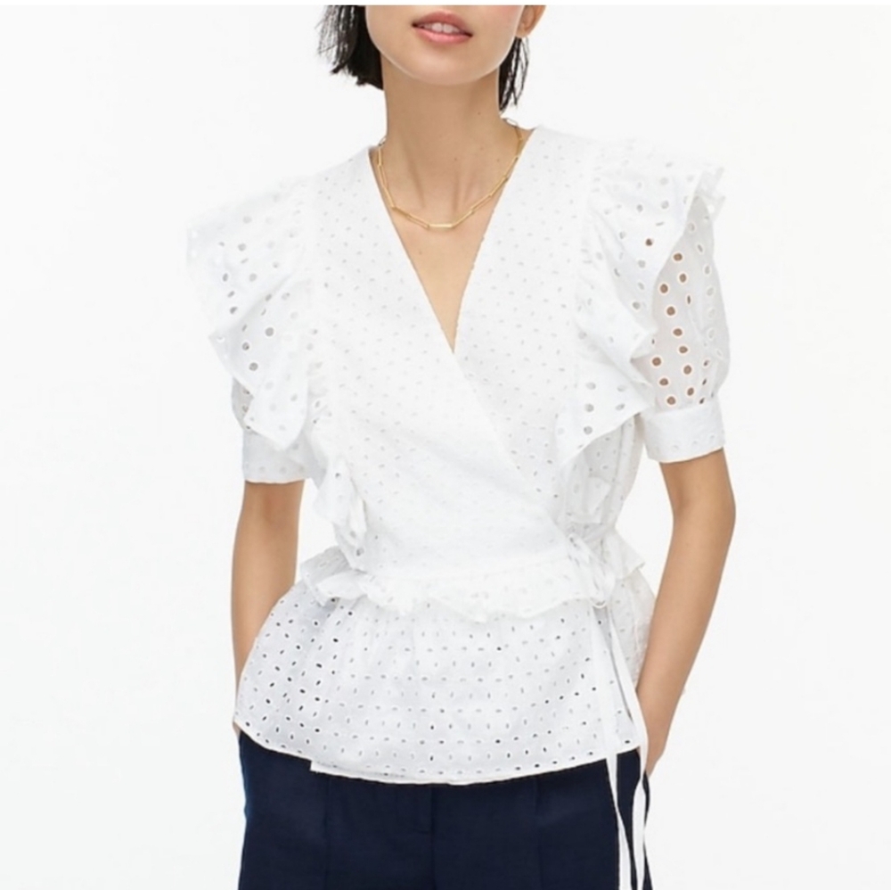 J.CREW White Eyelet Ruffle Wrap Top